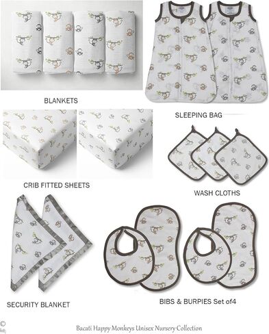 Bacati - Happy Monkeys 2 Pack Essentials Classic Super Soft Breathable 100% Cotton Muslin Baby Crib Fitted Sheets - Fits Standard 28 x 52 x 5 Crib & Toddler Mattresses (Blue/Grey Boys) in Saudi Arabia