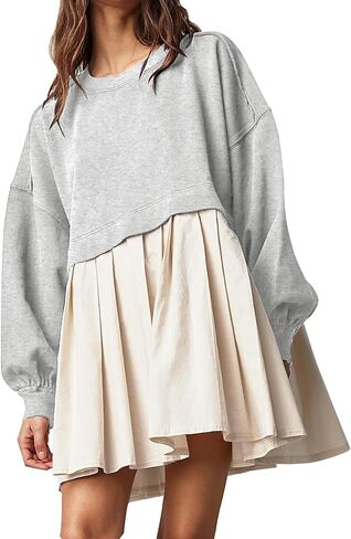 Flygo Womens Oversized Sweatshirt Dress Crewneck Patchwork Long Sleeve Pullover Tunic Flowy Pleated Mini Dresses in Saudi Arabia