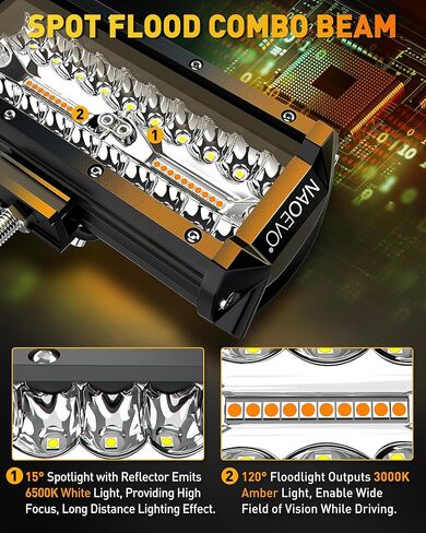 NAOEVO 7 بوصات 240 وات مصابيح LED باللون الأبيض الكهرماني، 6 أوضاع مع وظيفة الذاكرة، شريط إضاءة ستروب بقعة الفيضانات، 24000 لومن مقاوم للماء على الطرق الوعرة، ضوء عمل للقيادة على الطرق الوعرة لقارب الشاحنة، قطعتان in Kuwait