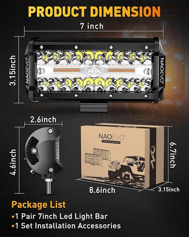 NAOEVO 7 بوصات 240 وات مصابيح LED باللون الأبيض الكهرماني، 6 أوضاع مع وظيفة الذاكرة، شريط إضاءة ستروب بقعة الفيضانات، 24000 لومن مقاوم للماء على الطرق الوعرة، ضوء عمل للقيادة على الطرق الوعرة لقارب الشاحنة، قطعتان in Kuwait