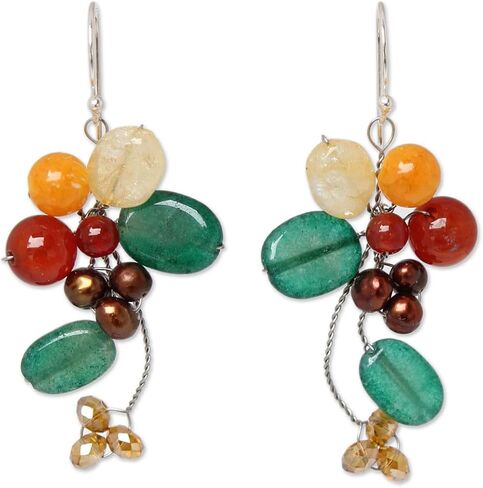 NOVICA Artisan Handmade Cultured Freshwater Pearl Rose Quartz Cluster Earrings Stainless Steel .925 Sterling Silver Multigem Multicolor Pink White Beaded Dangle Thailand 'Radiant Bouquet' in Saudi Arabia