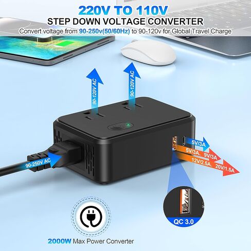 محول 220 فولت إلى 110 فولت، محول جهد 2000 وات مع 1 نوع C+1 USB+2 منافذ تيار متردد، مجموعة محول محول طاقة للأسفل للسفر الدولي - F/E،C،G،I متضمنة مقابس محول in Kuwait