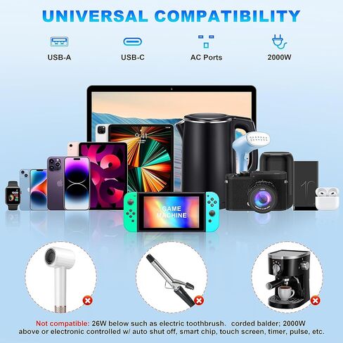 محول 220 فولت إلى 110 فولت، محول جهد 2000 وات مع 1 نوع C+1 USB+2 منافذ تيار متردد، مجموعة محول محول طاقة للأسفل للسفر الدولي - F/E،C،G،I متضمنة مقابس محول in Kuwait