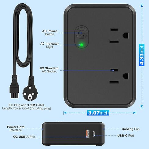 محول 220 فولت إلى 110 فولت، محول جهد 2000 وات مع 1 نوع C+1 USB+2 منافذ تيار متردد، مجموعة محول محول طاقة للأسفل للسفر الدولي - F/E،C،G،I متضمنة مقابس محول in Kuwait