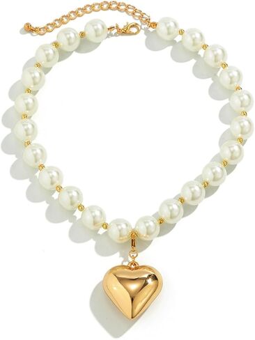 Heart Necklaces for Women Gold Chunky Heart Necklace Pearl Beads Choker Necklaces Y2k Necklace Trendy Jewelry Accessories Girls Gifts in Saudi Arabia