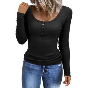 Amoretu Women's Henley Shirts Long Sleeve Button Down Slim Fit Tops U Neck Ribbed Knit Tunics Light Blue L