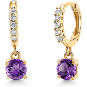 Gem Stone King 10K Yellow Gold White Lab Grown Diamond Dangle Drop Huggie Hoop Earrings For Women (0.64 Cttw, Gemstone April Birthstone, Round 4MM)