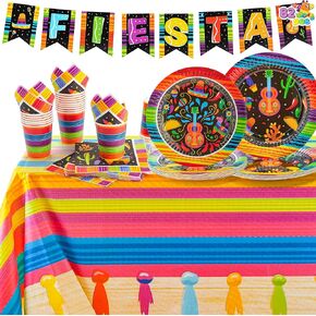 JOYIN 82 PCS Mexican Party Decorations Set Supplies Disposable Including Plates, Cups, Napkins, Tablecloth and Banner for Baby Shower Decorations Favors, Cinco de Mayo Fiesta Theme Birthday Party