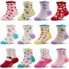 SkiBeaut Toddlers Girls Socks 12 Pairs Non Slip Skid Crew Socks with Grips for Little Girl Toddler Kids Gripper Socks