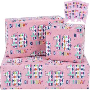 RUSPEPA Birthday Wrapping Paper Sheets with Gift Tags for Teenager Girls' Birthday Gift Wrap, 6 Fold on Sheets Each Set, 27 inches x 19 inches, Age 16