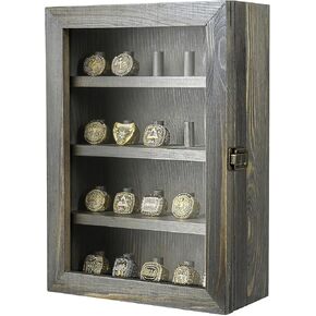 MyGift 4-Tier Wall Mounted Rustic Burnt Solid Wood Sports Championship Ring Holder with Metal Latch Closure, 20-Peg Fraternity, Class Rings Display Case
