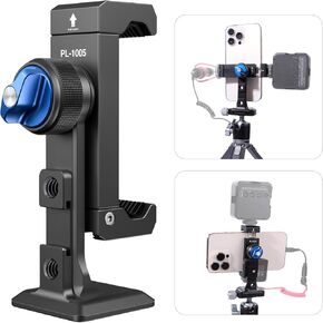 Metal Phone Tripod Mount, Universal Smartphone Mount Adapter with 2 Cold Shoe Mount, 360° Adjustable Cell Phone Clip Clamp Holder, Compatible with iPhone, Samsung Galaxy and All Phones