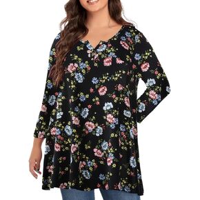 OVERWORETY Plus Size Tops for Women 3/4 Sleeve Henley V Neck Button Tunics Casual Loose Swing Shirts for Leggings
