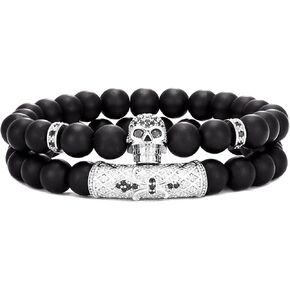 LL&TIFNIY 2PCS Men Women Lava Rock Stone Bracelet Essential Oil Diffuser Handmade Healing Beads Stretch Yoga Jewelry (Black Skull & Lava Rock Stone)