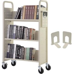 عربة كتب VEVOR، عربة مكتبة بوزن 330 رطل، 31.1 بوصة × 15.2 بوصة × 49.2 بوصة، عربة كتب دوارة، أرفف مسطحة على شكل حرف L من جانب واحد مع عجلات قابلة للقفل 4 بوصة للأرفف المنزلية والمكتب والمدرسة، شاحنة الكتب باللون الأسود