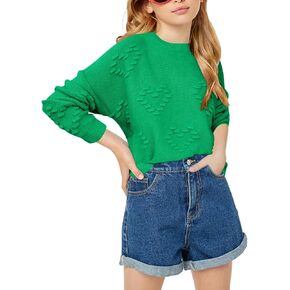 Haloumoning Girls Cute Heart Love Print Sweater Tops Oversized Crew Neck Dot Ball Knitted Valentine Pullover 5-14 Years in Kuwait