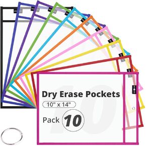 HTVRONT Oversized Dry Erase Pockets - 30 Pack Reusable Sleeves with Rings, Clear Plastic Sheet Protectors for Classrooms, Teachers, Schools, Shops, Ticket Holders