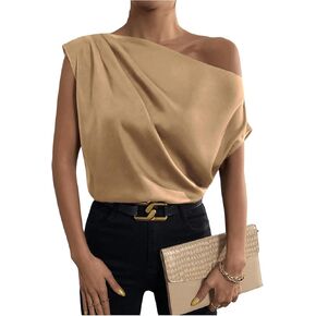 OYOANGLE Women's Satin Off The Shoulder Short Sleeve Asymmetrical Neck Ruched Work Office Blouse Top