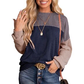 Dokotoo Womens Fashion 2024 Color Block Long Sleeve Crewneck Knitted Casual Loose Pullover Shirts Tops