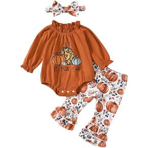 Ovmxqso Newborn Baby Girl My First Christmas Outfits Letter Tree Print Pleated Ruffle Romper Flared Pants+Bow Headband