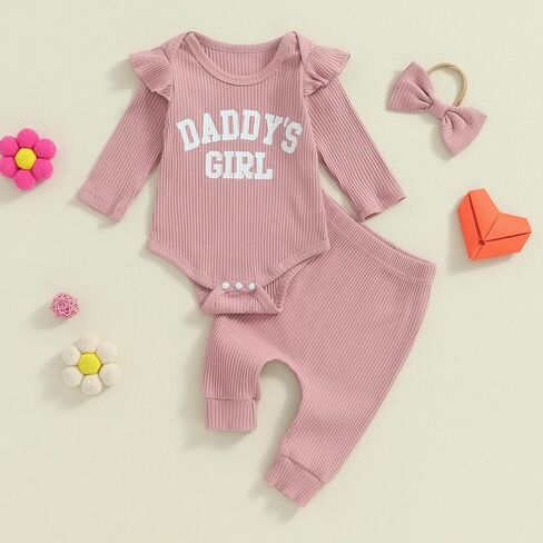 Kaipiclos Baby Girls Clothes 3Pc Rib Frill Long Sleeve Heart Print Romper + Pants + Headband Set Newborn Girl Outfits in Kuwait