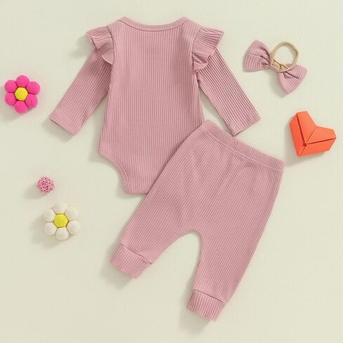 Kaipiclos Baby Girls Clothes 3Pc Rib Frill Long Sleeve Heart Print Romper + Pants + Headband Set Newborn Girl Outfits in Kuwait