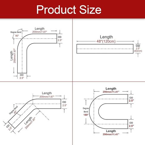 2''Inch DIY Custom Mandrel Exhaust Pipe Tube Pipe Intercooler Pipe,48''Straight Pipe,2''OD Straight&Mandrel Bend Pipe(45/90/180 Degree) Kit,Polished T304 Stainless Steel-8PCS in Kuwait