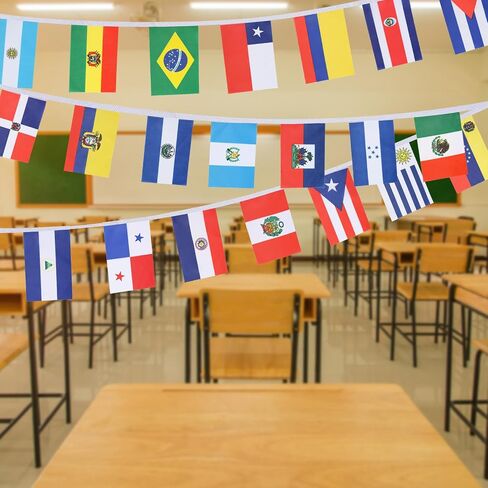 أعلام أمريكا اللاتينية 21 دولة، ديكورات شهر التراث الإسباني، لافتات علم لاتيني متنوعة بطول 25 قدمًا لديكور الحفلات الرياضية في الفصول الدراسية، مجموعة واحدة in Kuwait