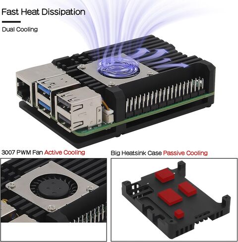 Geekworm Aluminum Passive Cooling Heatsink Armor Case with Dual PWM Cooling Fan for Raspberry Pi 5 (with Dual Fan-Black) in Saudi Arabia