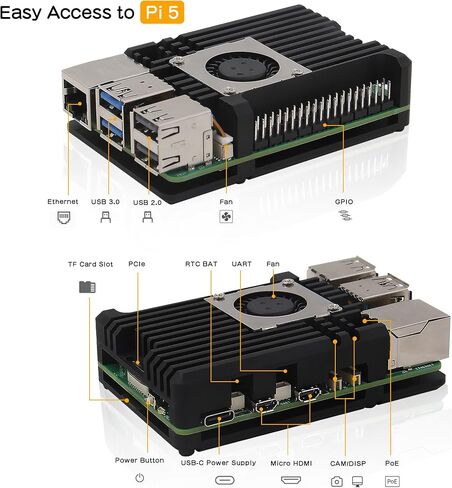 Geekworm Aluminum Passive Cooling Heatsink Armor Case with Dual PWM Cooling Fan for Raspberry Pi 5 (with Dual Fan-Black) in Saudi Arabia