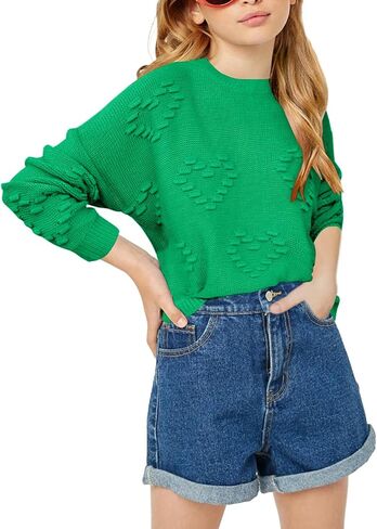 Haloumoning Girls Cute Heart Love Print Sweater Tops Oversized Crew Neck Dot Ball Knitted Valentine Pullover 5-14 Years in Kuwait