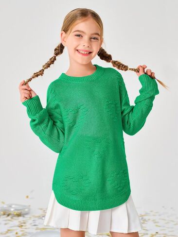 Haloumoning Girls Cute Heart Love Print Sweater Tops Oversized Crew Neck Dot Ball Knitted Valentine Pullover 5-14 Years in Kuwait