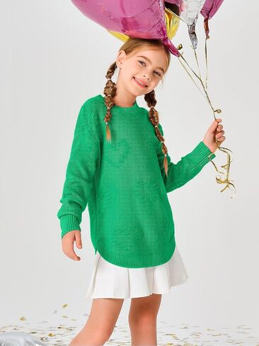 Haloumoning Girls Cute Heart Love Print Sweater Tops Oversized Crew Neck Dot Ball Knitted Valentine Pullover 5-14 Years in Kuwait