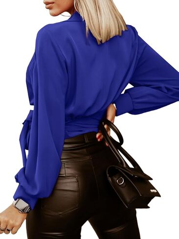 Vrtige Women's Wrap V Neck Self Tie Knot Long Sleeve Blouse Shirt Crop Top in Kuwait