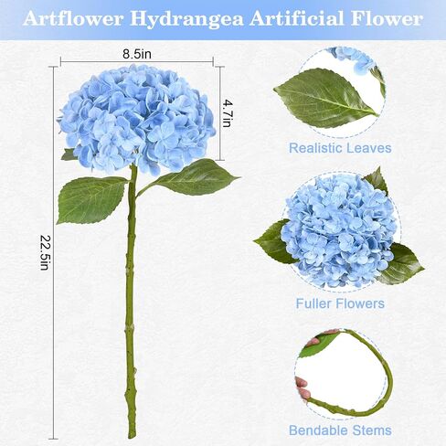 Artflower 8Pcs Real Touch Hydrangea Artificial Flowers, 22.5'' Blue Full Latex Faux Hydrangea Flowers for Home Floral Arrangements Wedding Bouquets Kitchen Table Centerpiece Decorations in Saudi Arabia