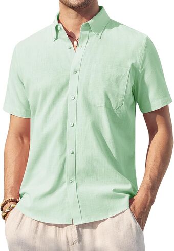 Alimens & Gentle Mens Linen Shirt Short Sleeve Casual Cotton Button-Down Shirts Collared Summer Beach Shirts in Kuwait