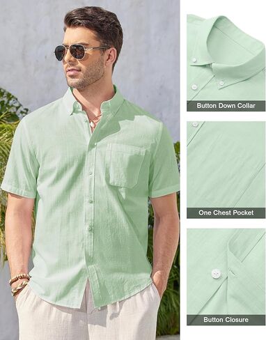 Alimens & Gentle Mens Linen Shirt Short Sleeve Casual Cotton Button-Down Shirts Collared Summer Beach Shirts in Kuwait