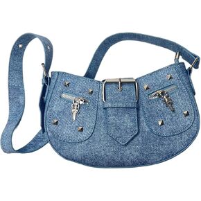 حقيبة كتف نسائية كلاسيكية كلاسيكية شبه دائرية من قماش الدنيم من PHILITA مع سحاب للإغلاق in Kuwait