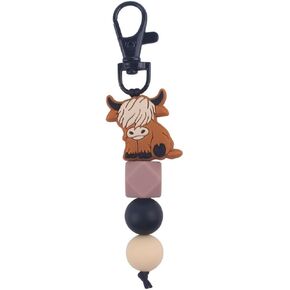 CHUU YUNG Cute Highland Cow Keychain Elk Goat Silicone Beads Keyring Animal Lover Gifts for Purse Backpack