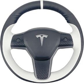 Hand-Stitched Steering Wheel Wrap for Tesla Model 3/Tesla Model Y 2017 2018 2019 2020 2021 Interior Steering Wheel Protection Skin Cover Accessories (Black Leahter+ White Perforated Leather) in Kuwait