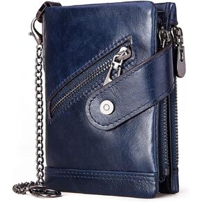 boshiho Mens Wallet with Chain RFID Blocking Genuine Leather Double Zipper Bifold Wallet with Coin Pocket Purse & 2 Anti-Theft Chain (BLACK)