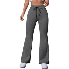 SweatyRocks Women's Casual Drawstring Waist Flare Leg Trouser Pants Solid Knitted Sweatpants