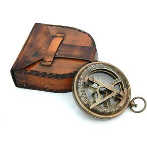 Personalized Vintage Sundial Compass with Leather Case,Brass Compass,Gift for Him,Engraved Compass,Sundial Push Compass for Camping, Hiking, Touring