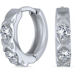Two Tone Greek Key Cutout Huggie Hoop Earrings For Women For Men Cubic Zirconia CZ 14K Gold Plated .925 Sterling Silver