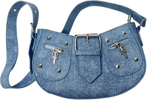 حقيبة كتف نسائية كلاسيكية كلاسيكية شبه دائرية من قماش الدنيم من PHILITA مع سحاب للإغلاق in Kuwait