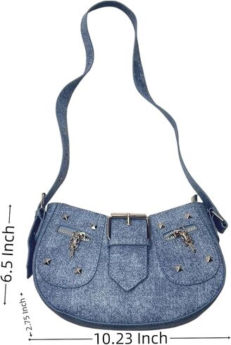 حقيبة كتف نسائية كلاسيكية كلاسيكية شبه دائرية من قماش الدنيم من PHILITA مع سحاب للإغلاق in Kuwait