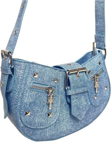 حقيبة كتف نسائية كلاسيكية كلاسيكية شبه دائرية من قماش الدنيم من PHILITA مع سحاب للإغلاق in Kuwait