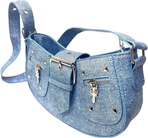 حقيبة كتف نسائية كلاسيكية كلاسيكية شبه دائرية من قماش الدنيم من PHILITA مع سحاب للإغلاق in Kuwait