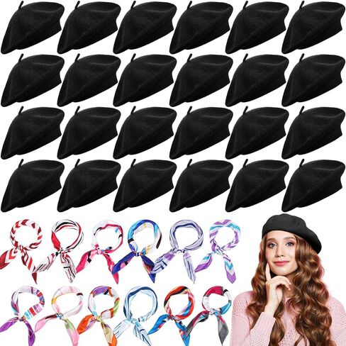 Shinymoon 48 Pcs Women Wool Beret Hat with Silky Scarf French Beret Bulk Artist Beret for Women Girls Winter (Multiple Color,Classic Style) in Saudi Arabia