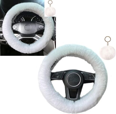 أغطية عجلة القيادة الزغبية للنساء مع سلسلة مفاتيح من الفراء بوم بوم فروي شتاء دافئ أنيق غطاء عجلة القيادة من الصوف الصناعي، ديكور سيارة مضاد للانزلاق يناسب معظم السيارات (أبيض) in Kuwait